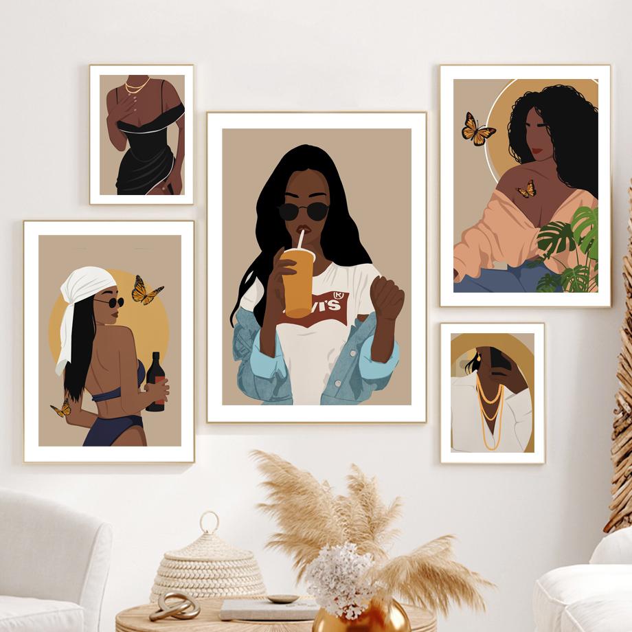 Abstract Butterfly Monstera Black Fashion Girl African Art Nordic PostersCanvas Painting  Prints Wall Pictures Living Room Decor