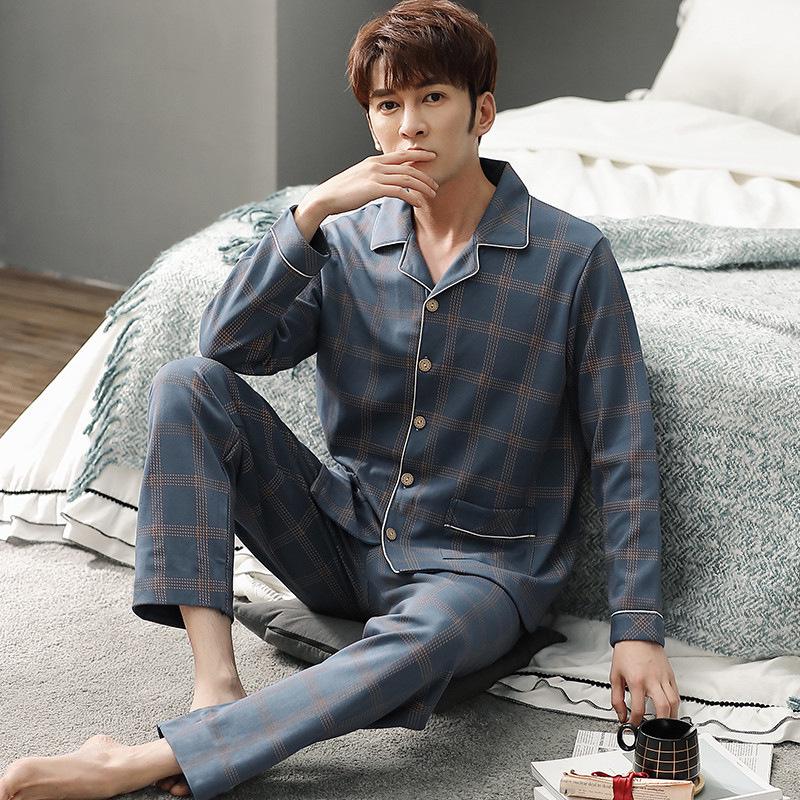 Men's 100% Cotton Pajama Set for Spring & Autumn: Long Sleeve, Long Pants, Versatile Outdoor Wear