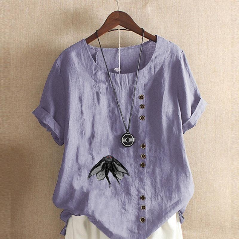 Women's Fashion Housefly Print Short Sleeve T-shirt Loose Cotton Shirt Casual Loose Summer Blouse Tops Plus Size