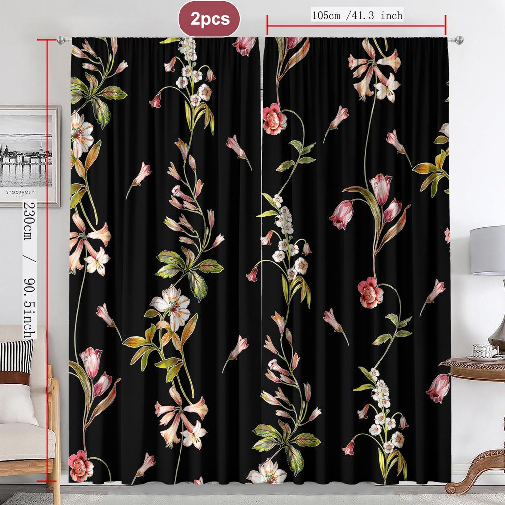 2PC Home Decoration Curtains With Black Background Flowers And Rod Pocket Curtains, Kitchen, Coffee Shop, Living Room, Balcony