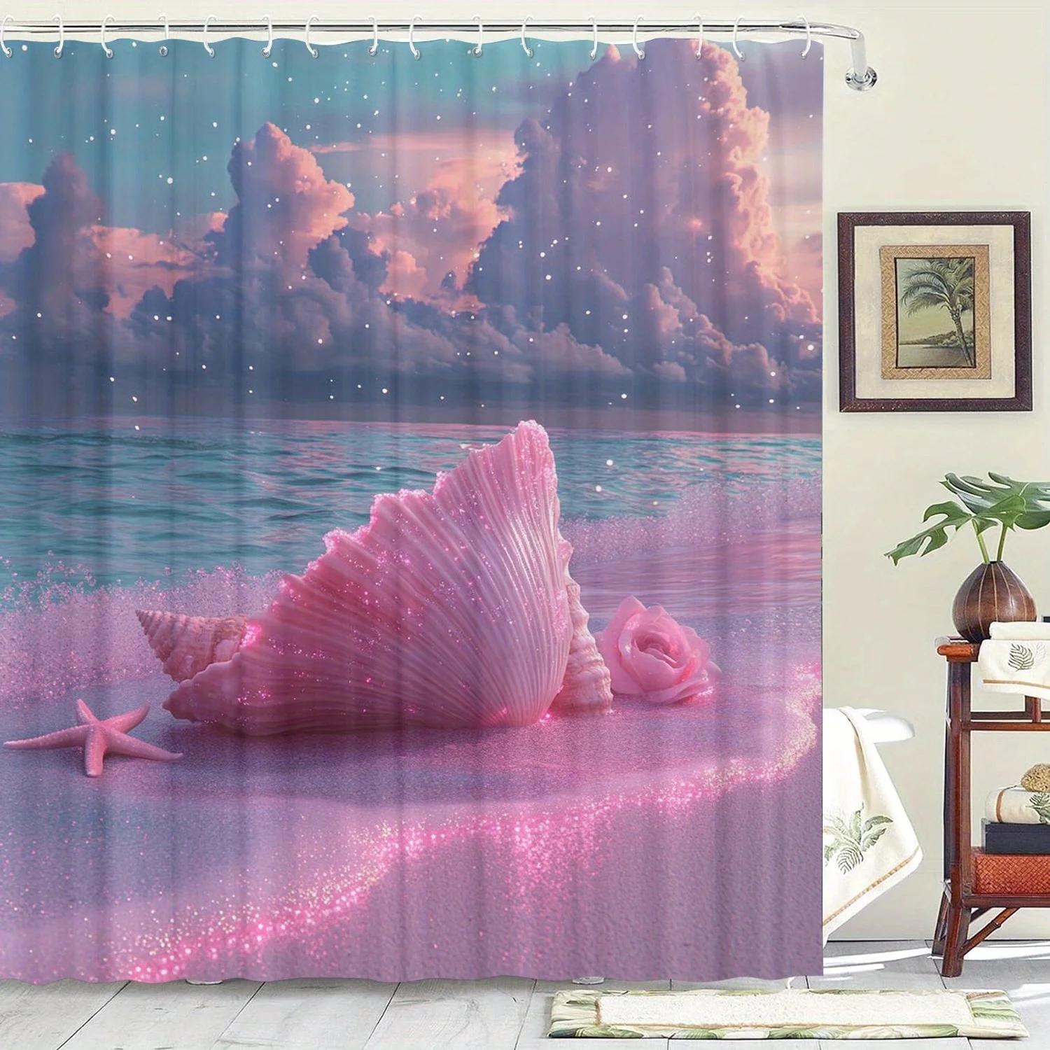 

Shell And Starfish Pattern Waterproof Non-Woven Shower Curtain, Artistic Ocean Theme Bathroom Decor With Hooks W60H190(CM)-1 Pcs