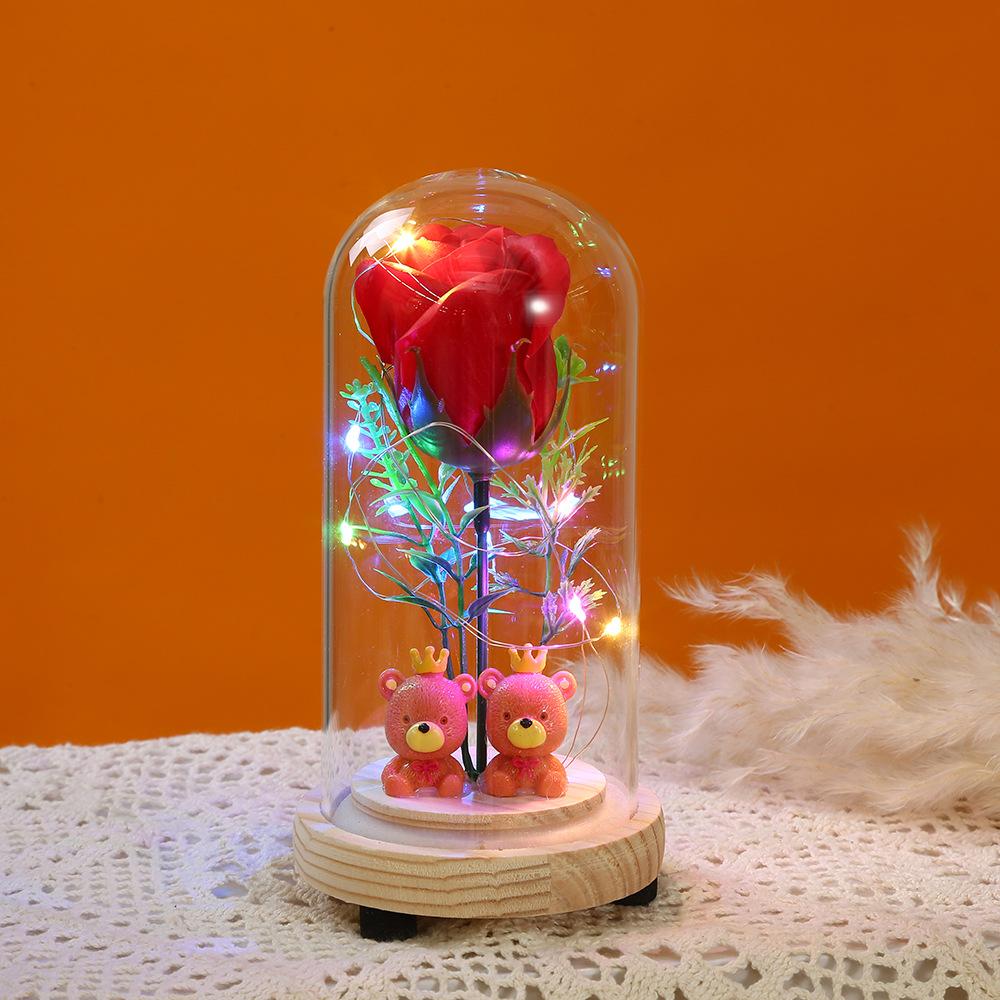 Cartoon cute couple bear desktop ornament, eternal flower glass cover luminous led night light home decoration