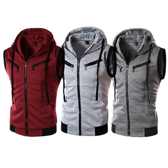 Fashion Men Sleeveless Zipper Hooded Vest Casual Top for Fitness Gym Sports