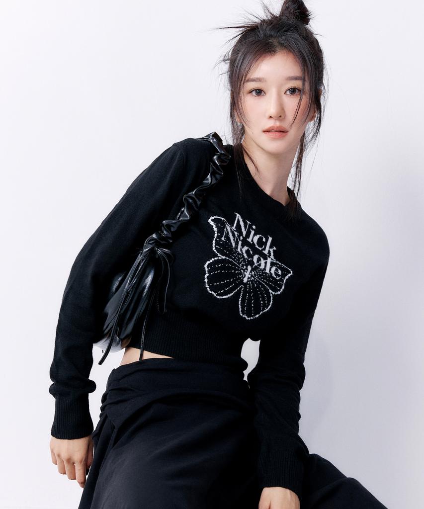 Nigaennikol Cashmere Butterfly Signature Crop Knit_Black