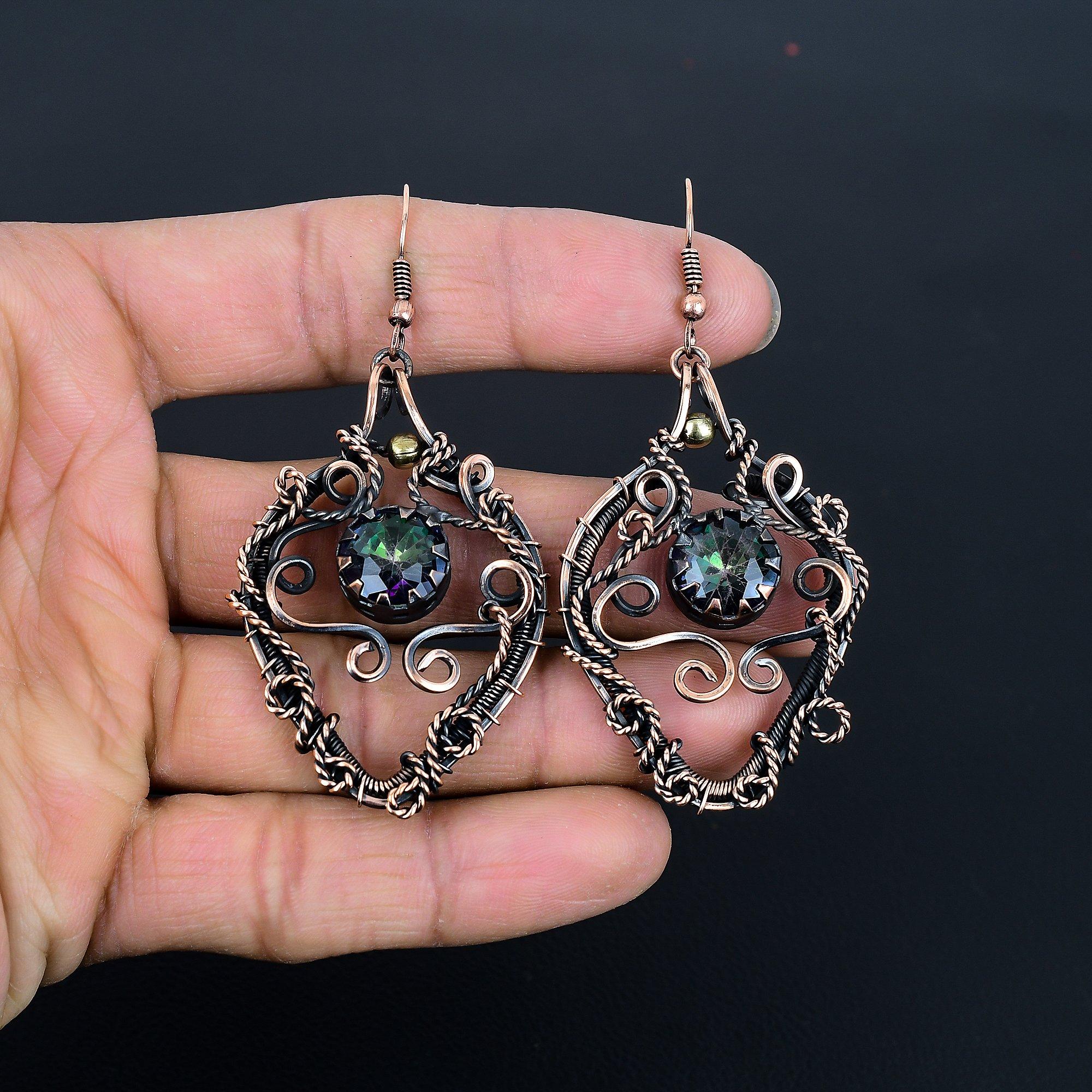 

Серьги с мистическим топазом, обернутые медной проволокой 999 пробы, Серьги с драгоценными камнями ручной работы, На День памяти 2.28 Inches