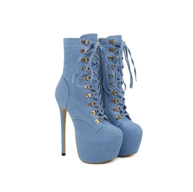 

TheNewSexy Cross шнуровка на платформе ботинки для женщин синий деним круглый носок молния вечеринка клуб Pole Dance супер высокие каблуки шпильки 35 синий