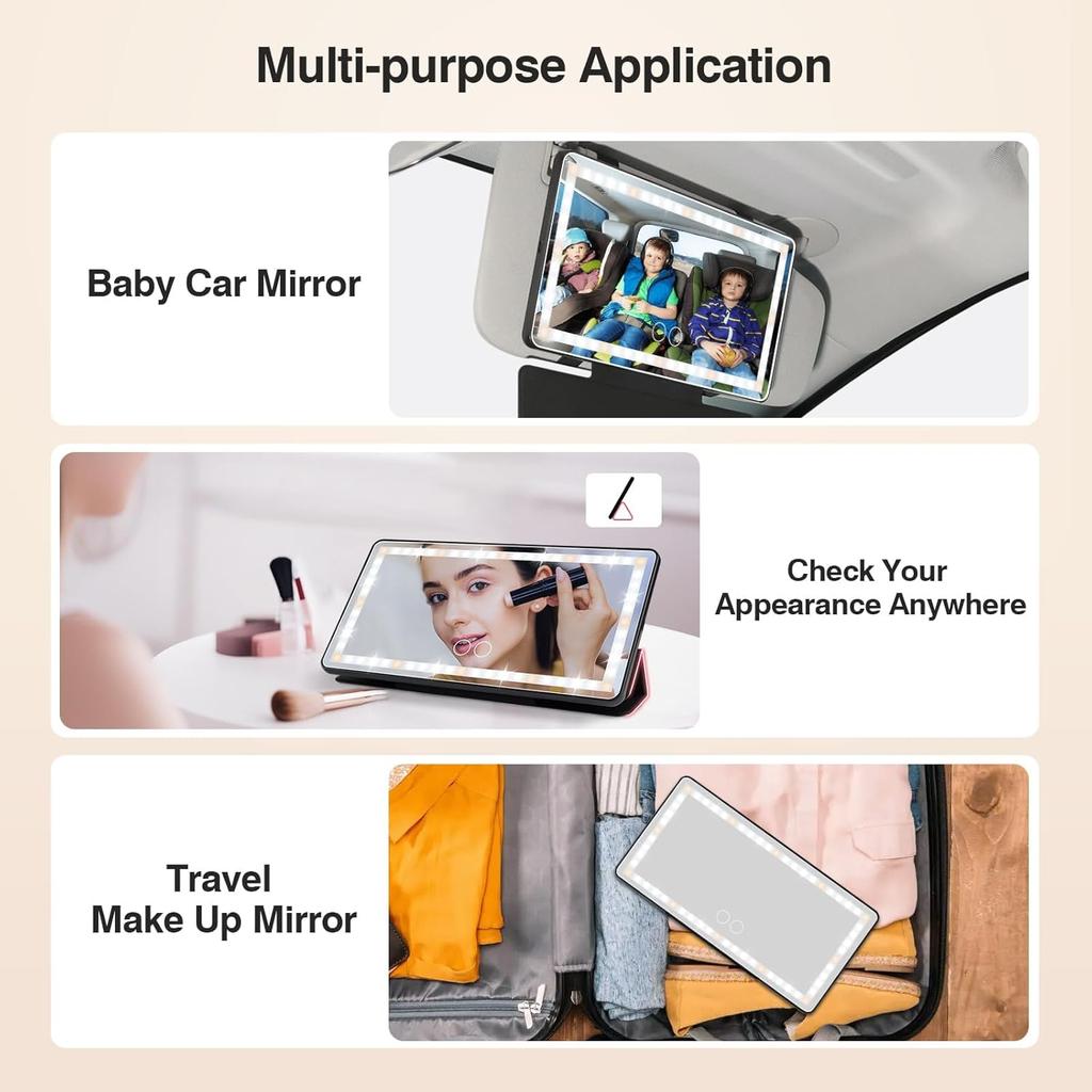 Car Sun Visor Vanity Mirror With Protective Cover, Rechargeable LED Visor Mirror With 3 Light Modes Touch Control, Universal Sun Visor Makeup Mirrors