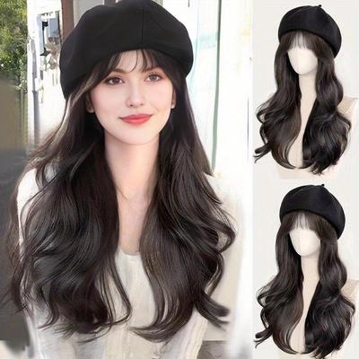 Black Beret Air Bangs Big Wave Curly Wig Women's Synthetic Fiber Wig Suitable for Halloween and Christmas Parties