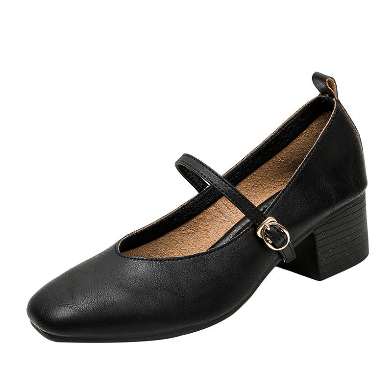 Kožené babičkovské boty na silném podpatku s páskem Mary Jane, francouzská čtvercová špička, dámské boty na středním podpatku, nové jarní a podzimní univerzální dámské boty