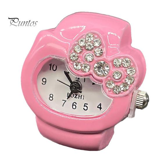 Cat Shape Ring Watch Cartoon Finger Rhinestone Bowknot Elastic Stainless Steel Band Women Birthday Gift Fashion Accessories
