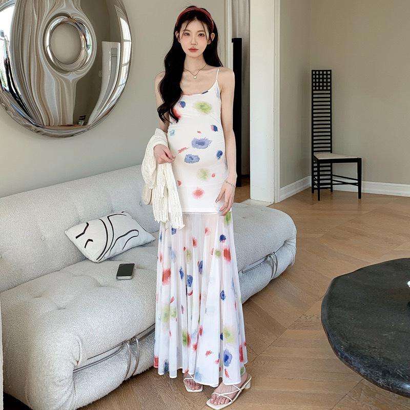 Summer 2026 Watercolor Maternity Camisole Dress with Irregular Fishtail Hem M
