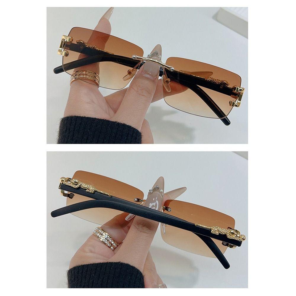 Trendy Leopard Decor Rectangular Sunglasses Metal Frame Cut-Edge Sun Glasses UV400 Protection Rimless Shades for Women & Men