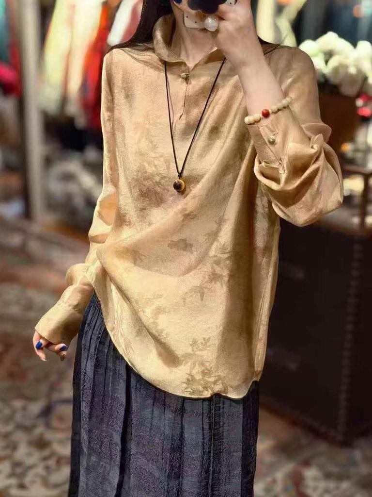 Rongtai Women's Elegant Spring 2026 Jacquard Dark Pattern Loose Shirt with Half-Open Collar