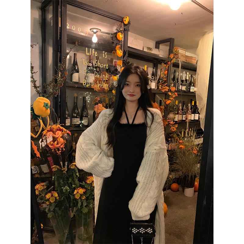 Conjunto de Cárdigan de Punto de Manga Acampanada y Vestido para Mujer de Tallas Grandes