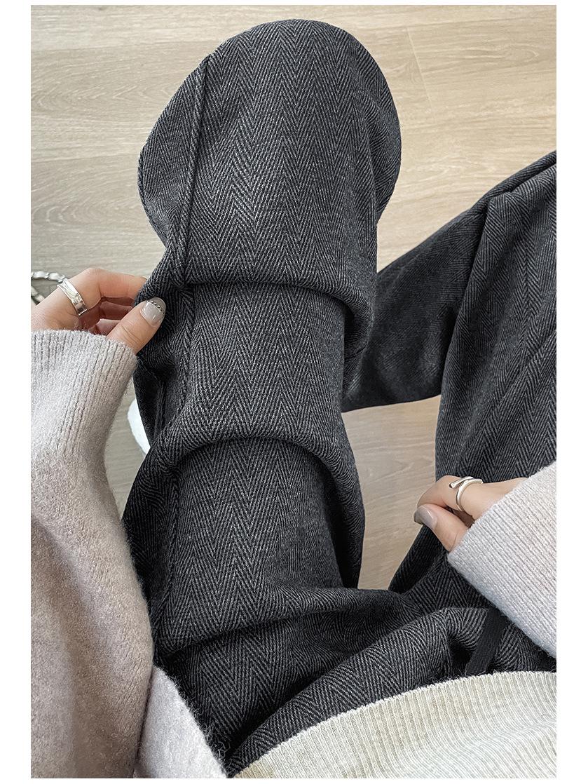 Women s High-Waist Herringbone Wool Pants - Velvet Lined, Wide-Leg, for Autumn/Winter M