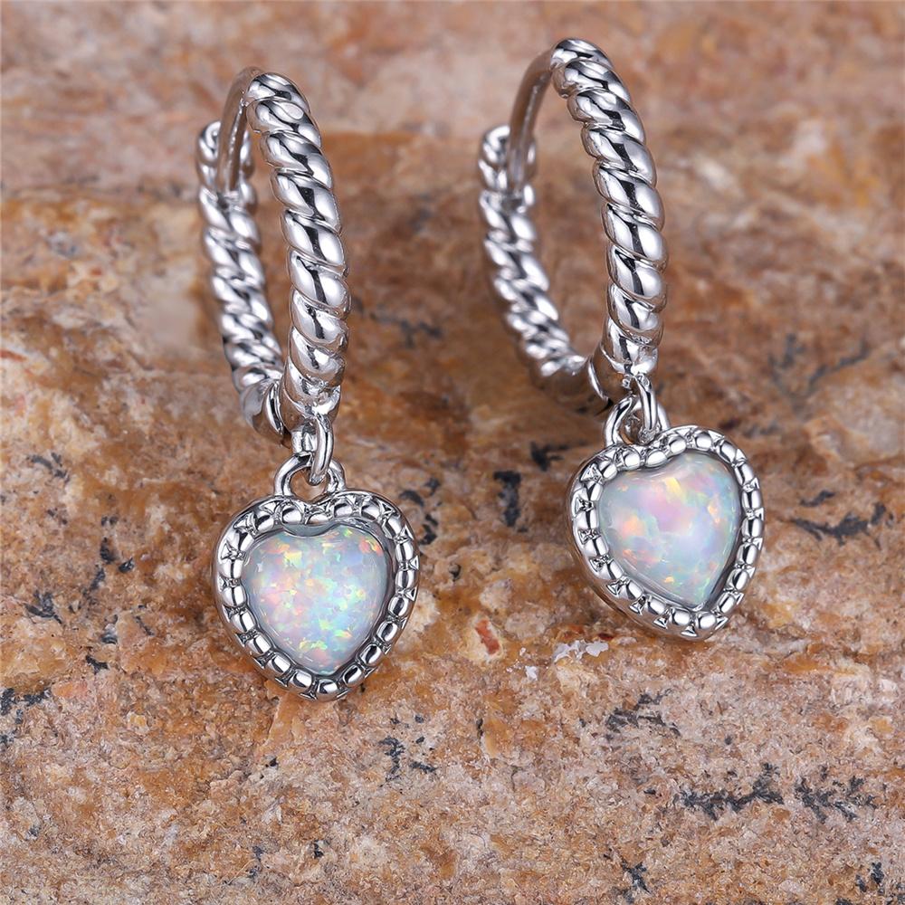 Luxury Female White Fire Opal Stone Heart Hoop Earrings Silver Color Unique Gift Party Wedding  For Women