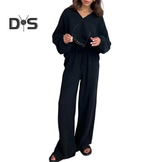 Dámský ležérní dvoudílný set volný ležérní top s dlouhým rukávem a šněrovacími kalhotami, dámský odnímatelný límec a společenský outfit