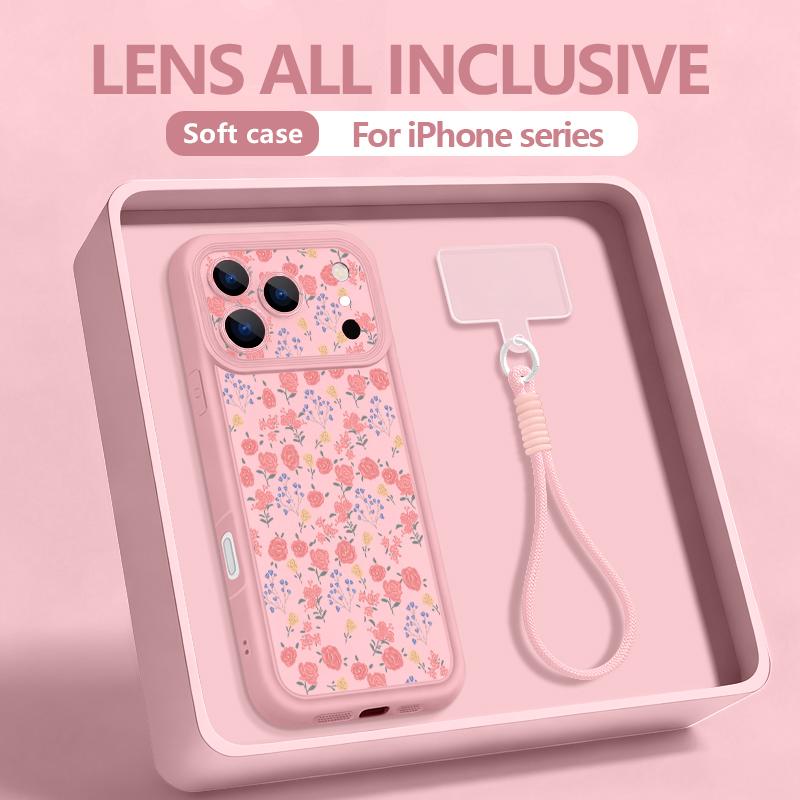 INS Floral Pattern Lanyard Case For iPhone 17 Pro Max iPhone 16 15 Pro Max 14 13 11 16E 17E Shockproof Bumper Wristband Cover
