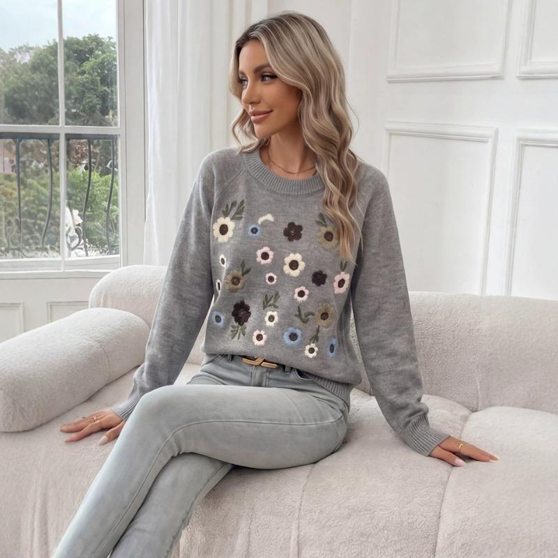 Women S Crew Neck Long Sleeve Knit Sweater With Flower Embroidery