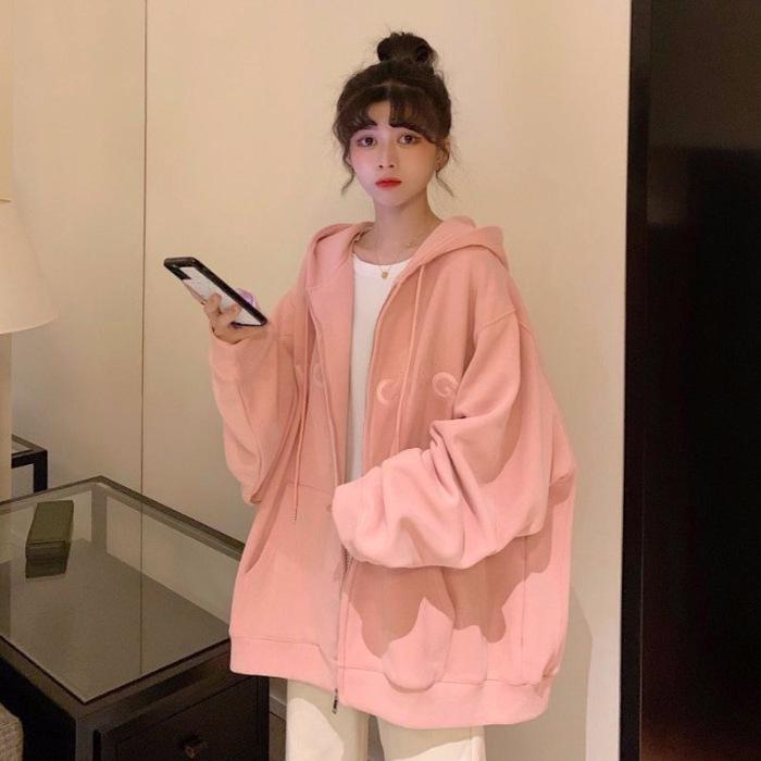 Women's 65% Cotton Embroidered Hooded Sweatshirt - Korean Style Loose Zip-up Jacket (2025 Student Collection)
