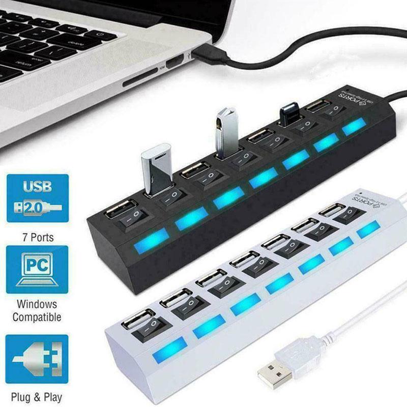

USB 2.0 7 Ports Hub USB Splitter Adapter with On/Off Switch High Speed USB 2.0 Hub For PC Laptop Computer Accessories Black/Whit білий