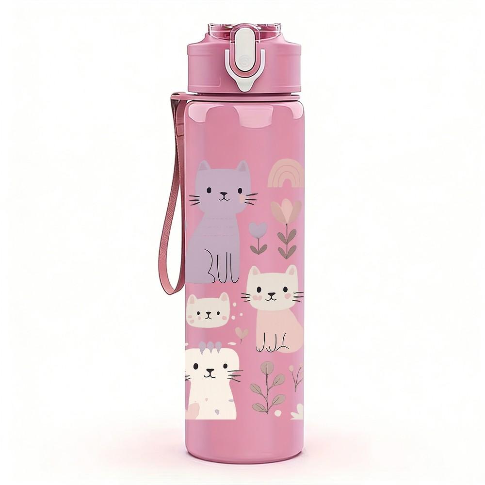 1PC Multiple Cute Cat Cartoon 750ml Color Plastic Sports Water Bottle Leakproof Flip Straw Lid Suitable for Sports Office Home Use
