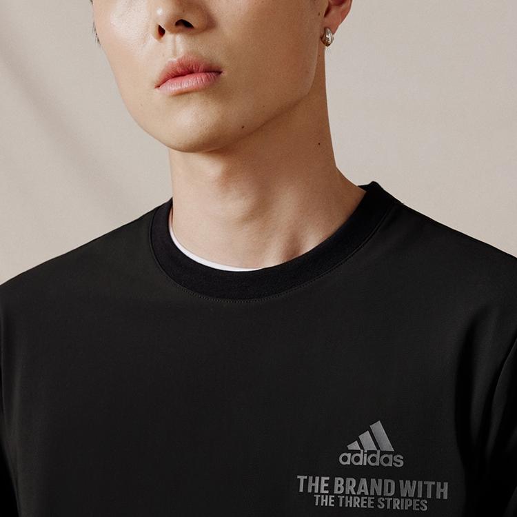 Adidas Letter Print Ribbed Crew Neck Pullover Casual Sports Tee v1 Men Tops Black Dark-Grey JD5748