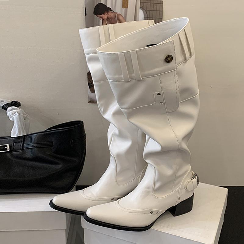 

Fashion Liyke Autumn Winter New Style Button Strap Knee High Boots Woman Vintage Pointed Toe Low Thick Heels Shoes Female Long Booties 35 белый