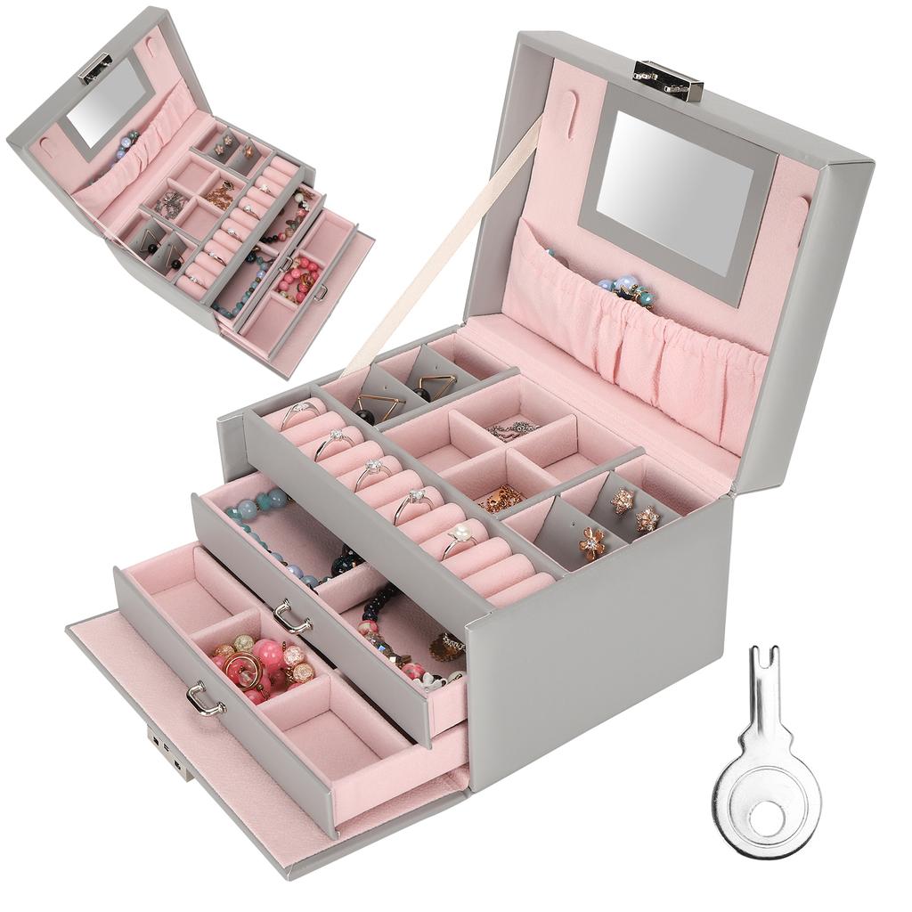 Three Layer Jewelry Storage Box PU Leather Necklace Rings Earrings Holder OrganizerGray