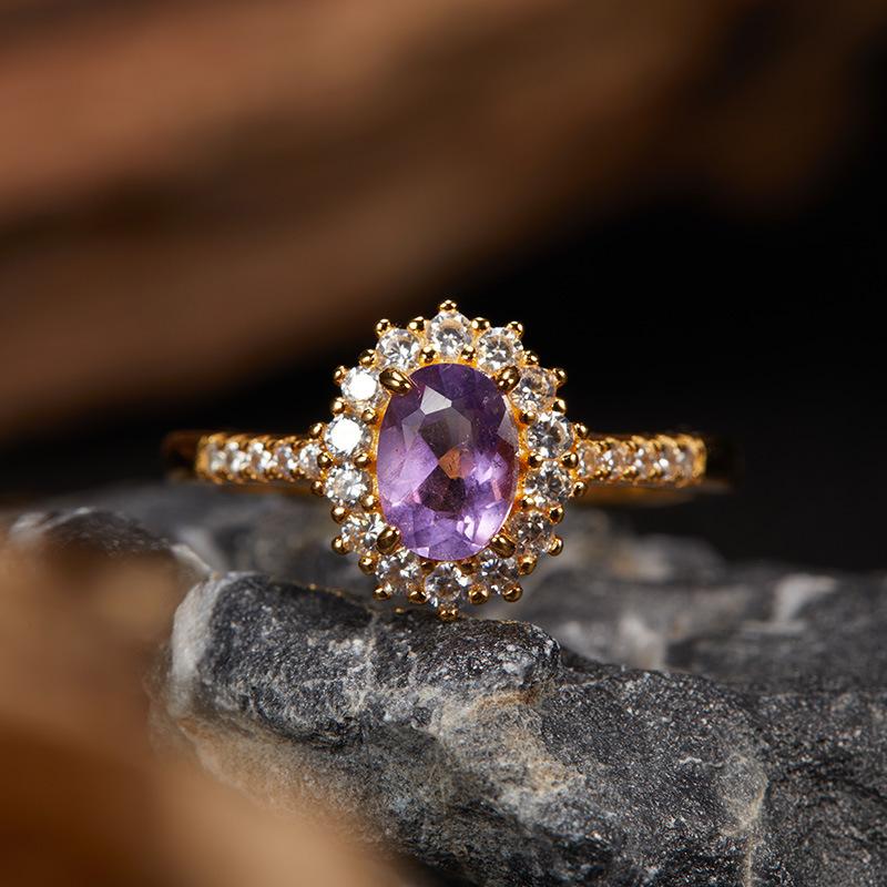 Non-Fading High-End S925 Sterling Silver 18K Gold Natural Amethyst Lucky Treasure Ring Women'S Simple Jewelry
