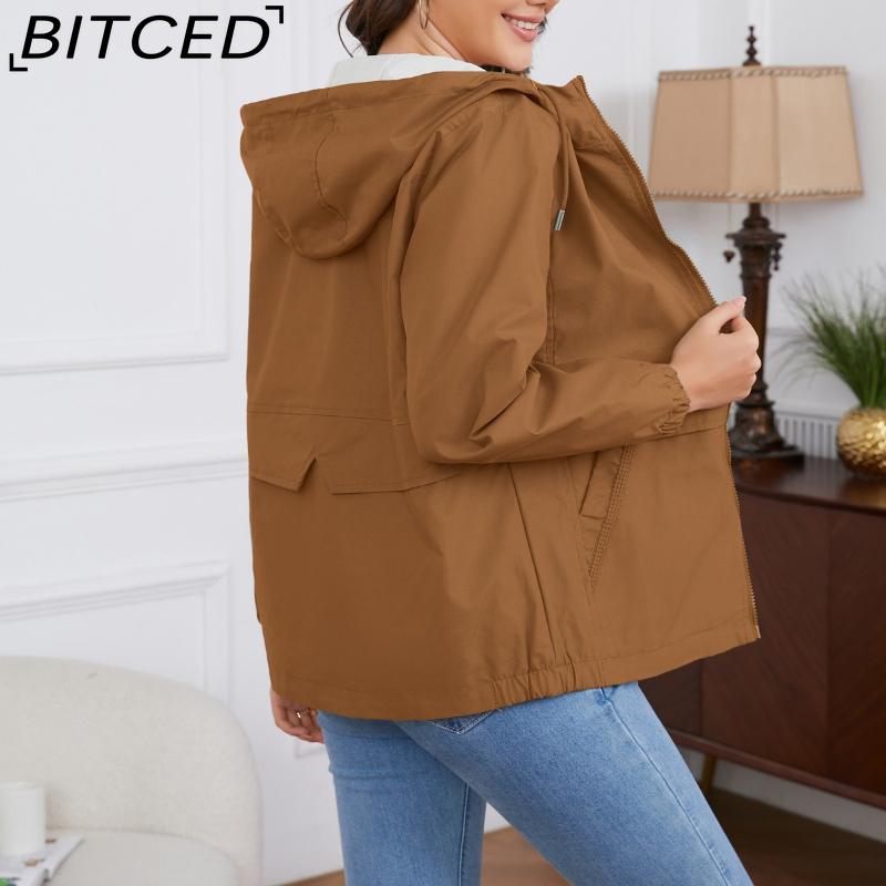 BITCED Hooded Solid-Colour Trench Coat for Women Long-Sleeved Spring/Autumn Lightweight Jacket Casual Style