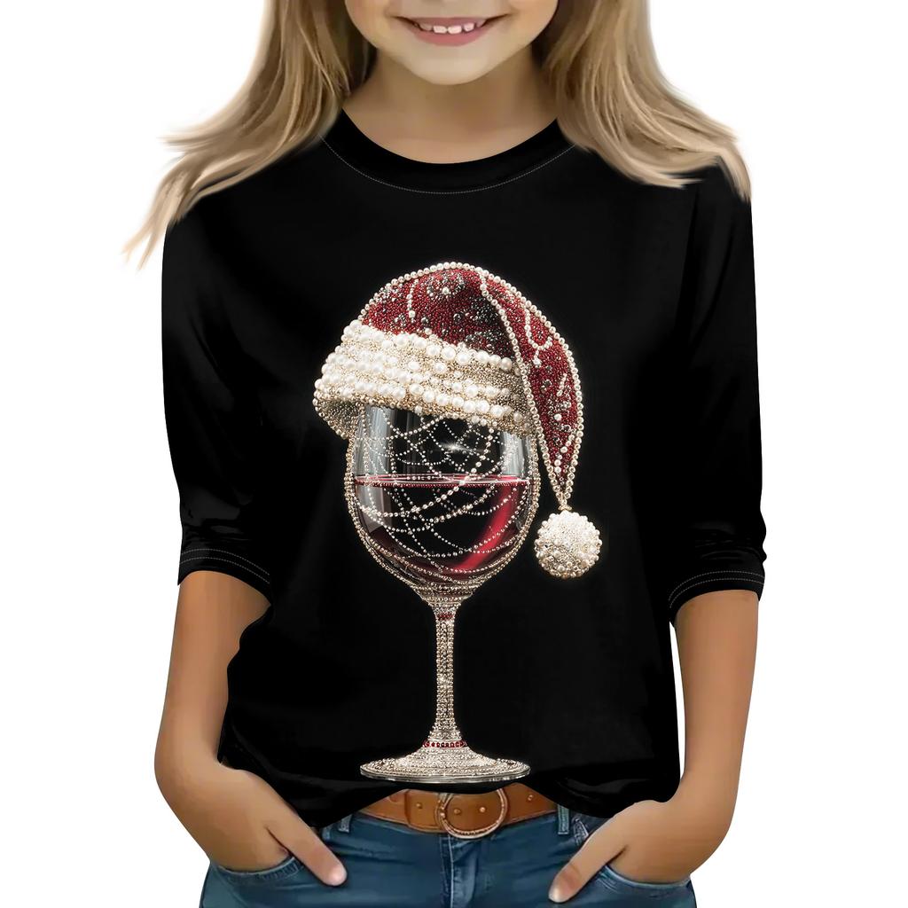 Christmas Day Print Tops For Youth Girls 4-11 Years Round Neck 3/4 Sleeves T-Shirts Trendy Tops Outfit Tees