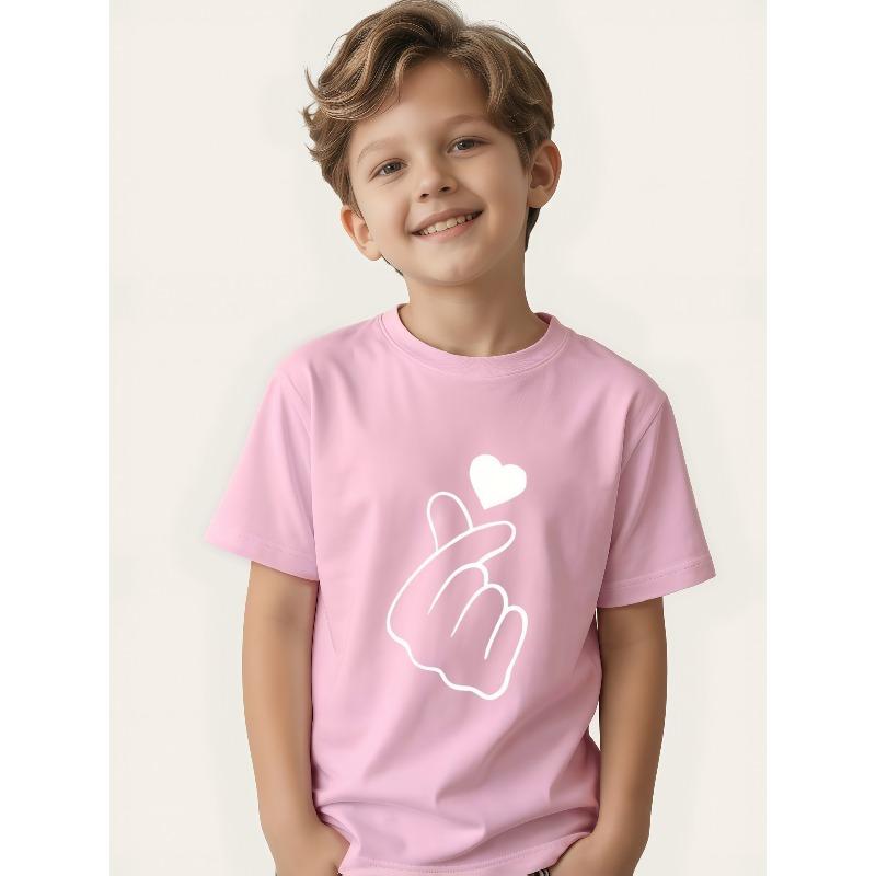 Boys Crewneck Short Sleeve Tee, Minimalist Line Heart Hand Print Cool Streetwear Summer Top