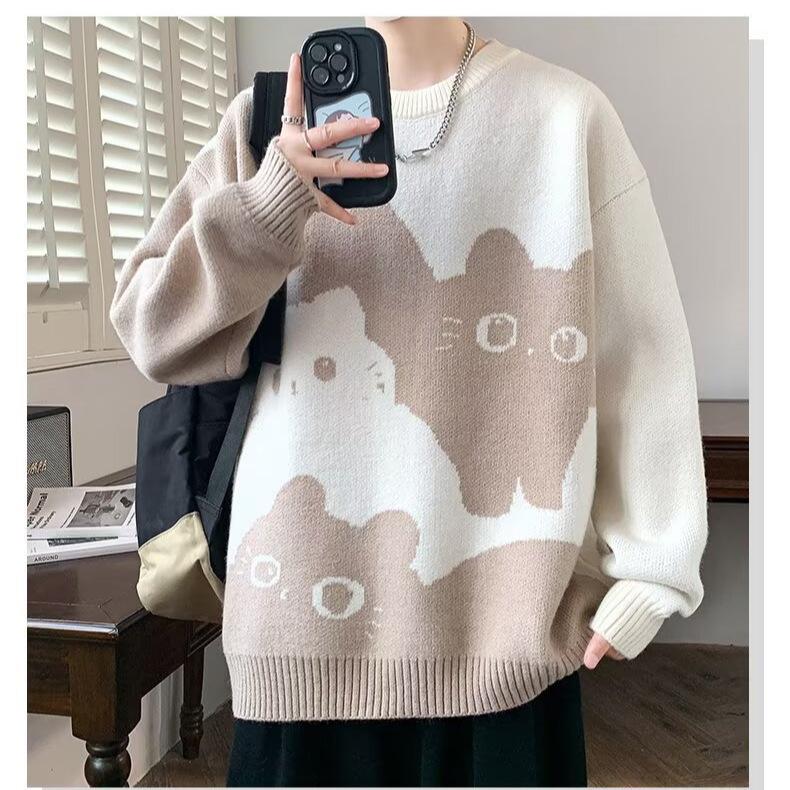 Men's College-Style Thick Knit Sweater with Velvet, Autumn/Winter Cozy Loose Fit