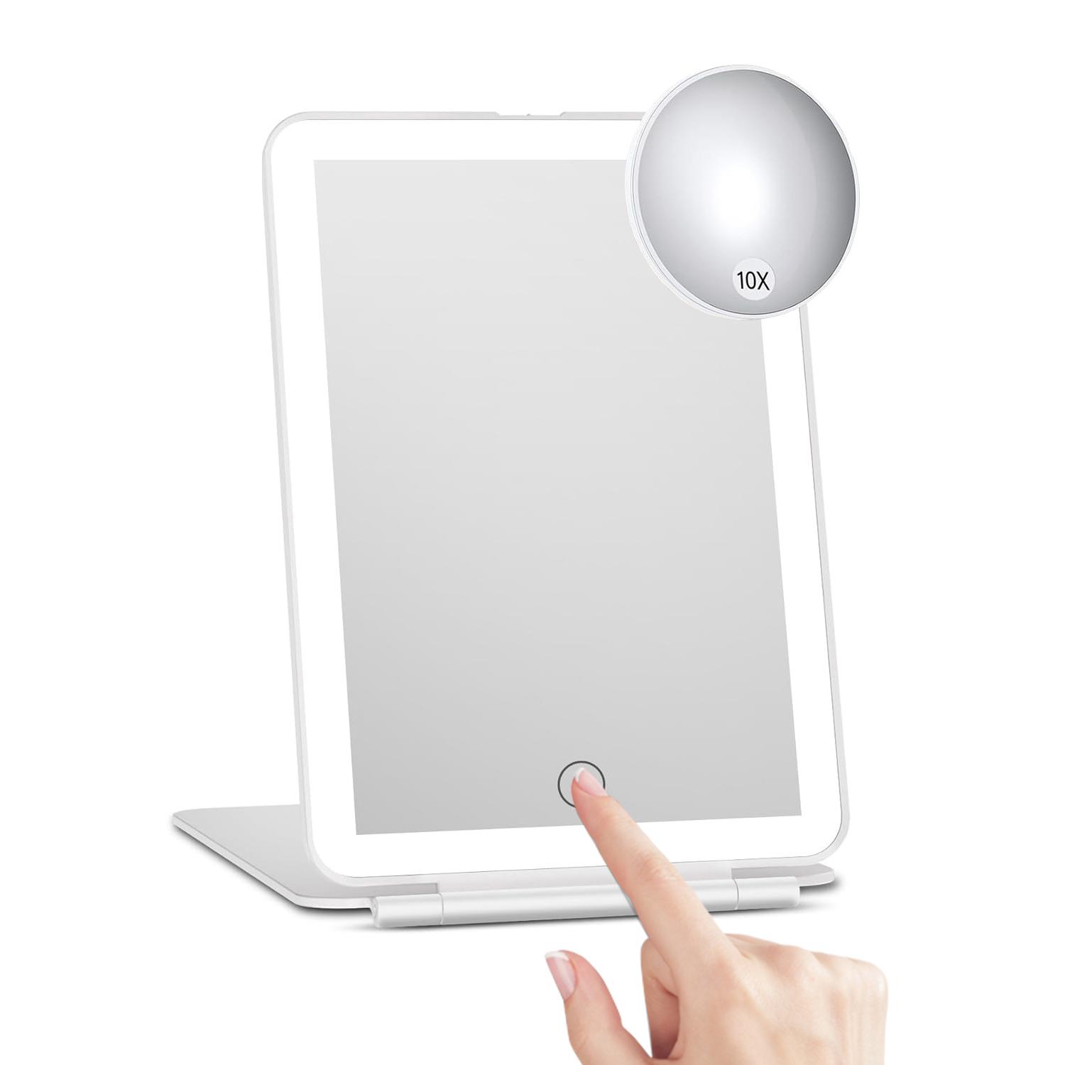 

LED Foldable Travel Makeup Mirror 3 Colors Light Modes USB Rechargeable Touch Screen Portable Tabletop Cosmetic Mirror Handheld