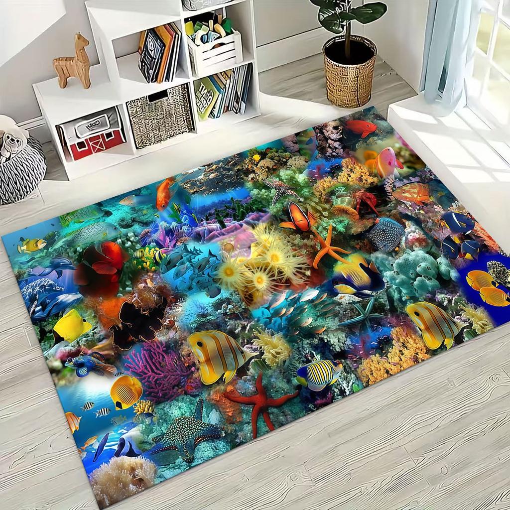 2026 New Underwater World Sea Dolphin Turtle Coral Rug for Bedroom Living Room Sofa Home Doormat Decor,Kids Non-slip Floor Mat