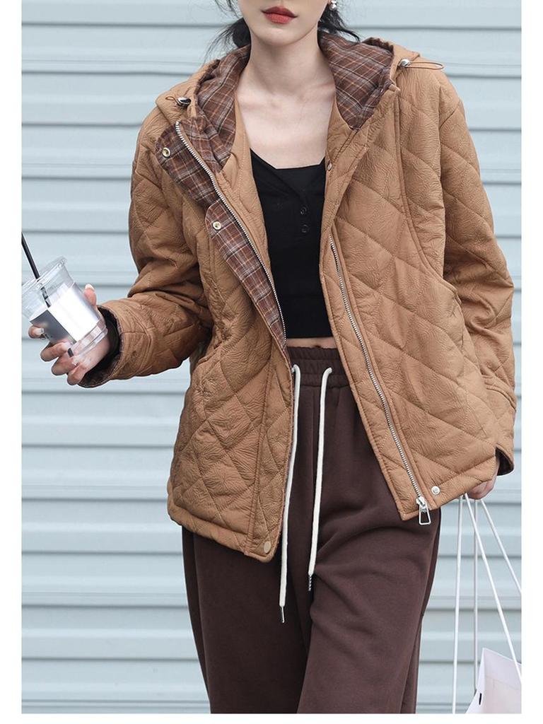 Women's 2024 Diamond Quilted Cotton Hooded Jacket - Autumn/Winter Short Fashion Plaid Patchwork Lightweight Coat