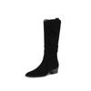 Krazing Pot Cow Suede Winter Round Toe Thick Med Heels Modern Boots Women Zipper Pleated Decoration Thigh High Boots