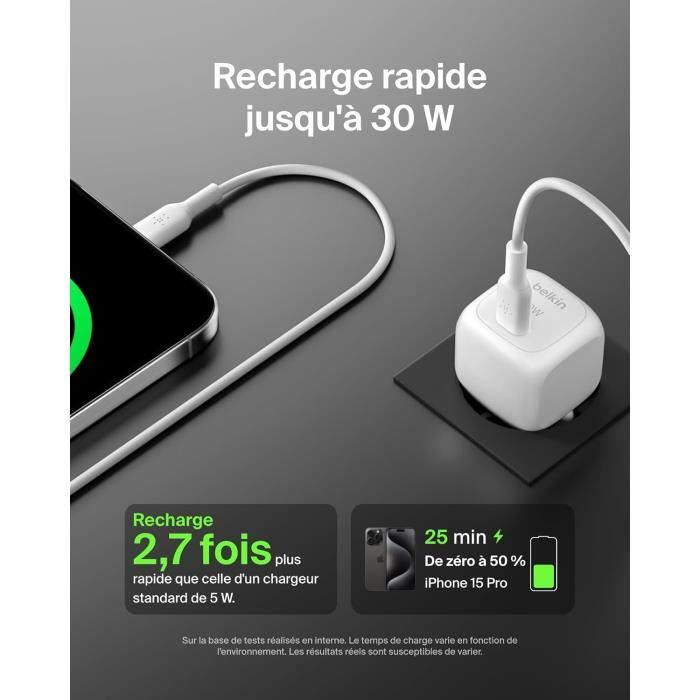 Chargeur - Belkin - BoostCharge - 30 W - USB-C Power Delivery - Recharge Rapide