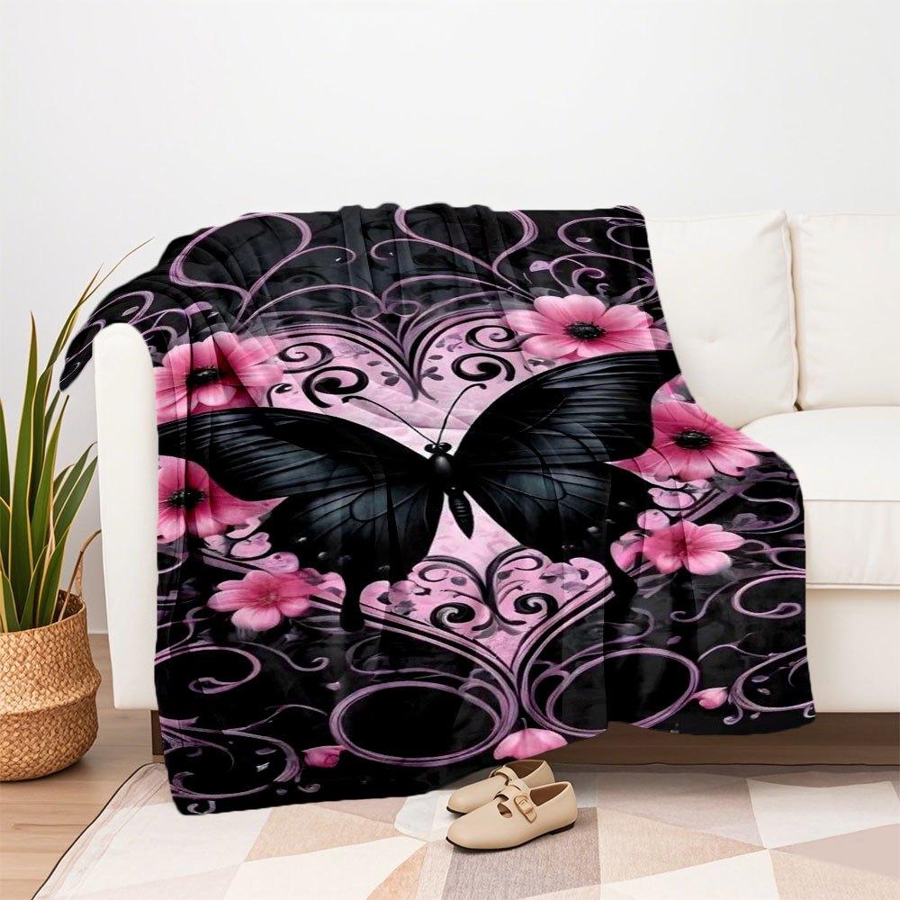 Schwarzer Schmetterling mit rosa Blumen Wandkunst DruckDecke Flanell Überwurfdecke für Sofa, Bett, Reise, Camping, Büro, Couch, Stuhl und Bett