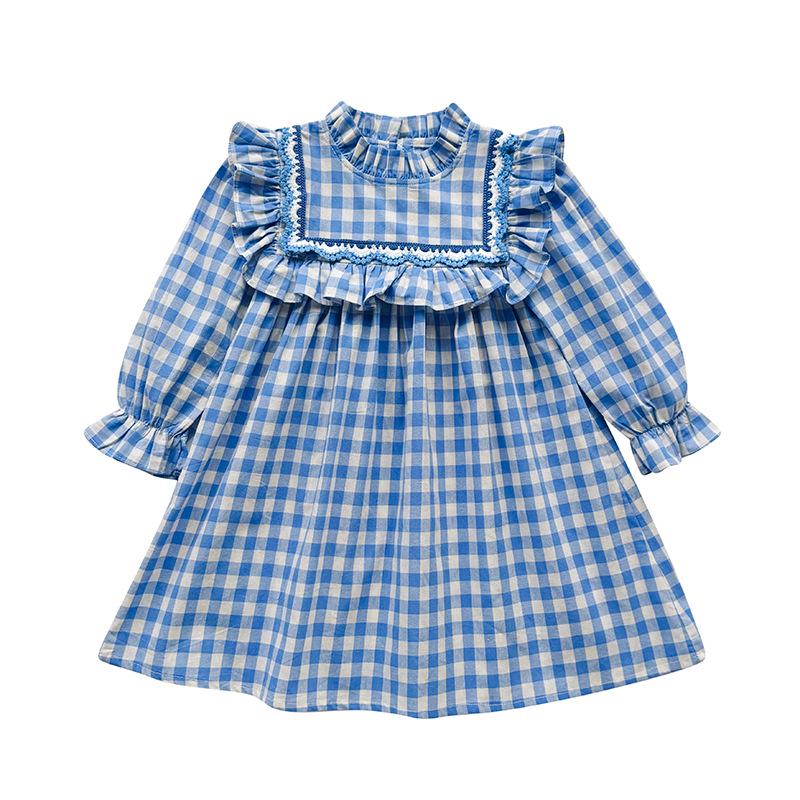 Korean Spring 2026 Plaid Dress for Girls - Lace & Lotus Leaf Collar, Long Sleeve Skirt