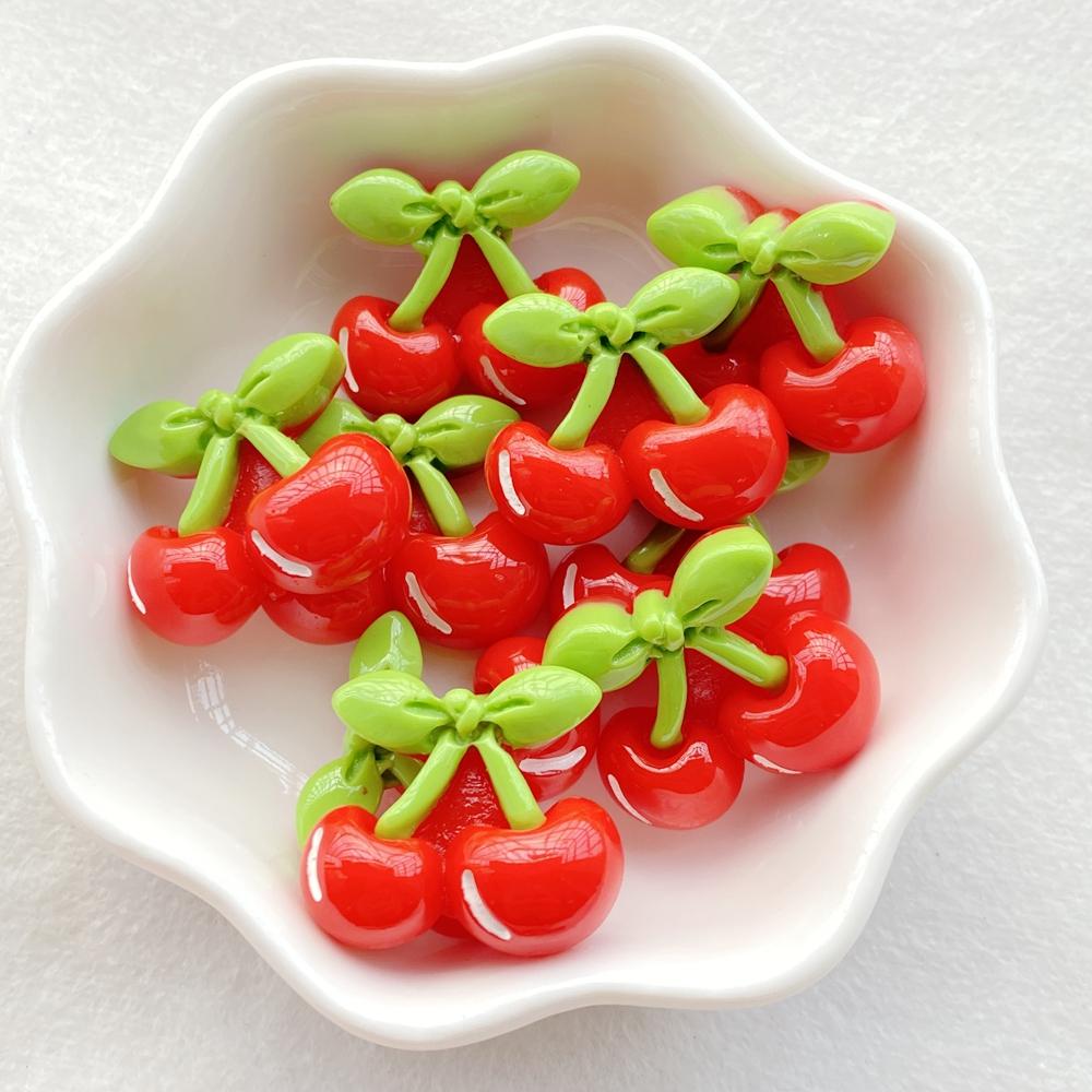 10Pcs New Cute Resin Red Cherries, Strawberries Flat Back Fit Phone Deco Parts Embellishments For Hair Bows Accessories