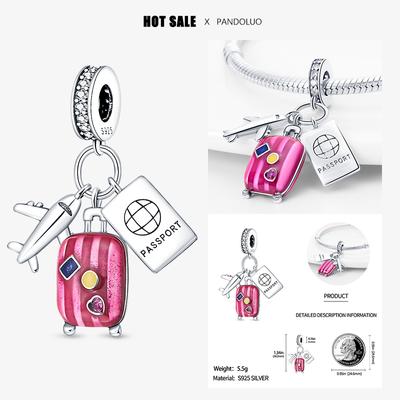 Travel ThreePiece Airplane Passport Suitcase Charm Bead Charms Fits Pandach Bracelets Women Copper Pendant Jewellery Gift