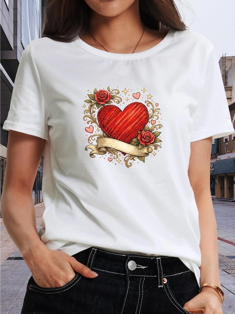 Vintage Heart Graphic Tee Womens Retro T-Shirt Casual Cotton Crew Neck