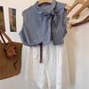 French bow lace-up sleeveless plaid shirt women's new summer tea style chic blouse top