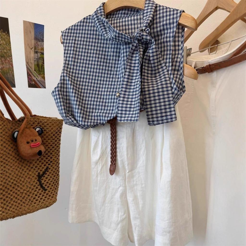 French bow lace-up sleeveless plaid shirt women's new summer tea style chic blouse top