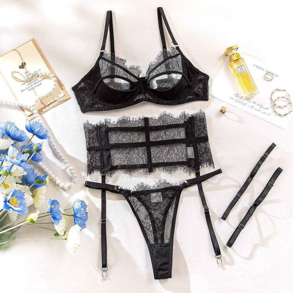 Sexy Lace Lingerie 4Pcs Sets Fancy Lace Hollow Out Perspective Bras and Thongs Garter Sets Intimate Sex Suit New 1496