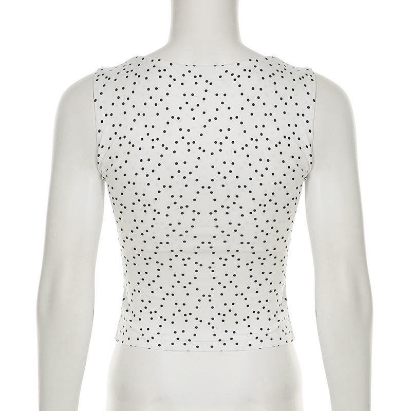 European & American Style Polka Dot Pleated Tie-Up Tank Top with Round Neck, Versatile and Slim Fit