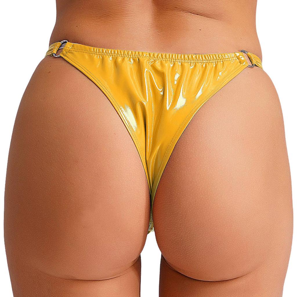 Womens Patent Leather Thong Underwear Elastic Waist O Ring Design Solid Color Glossy Briefs Nightclub Panties