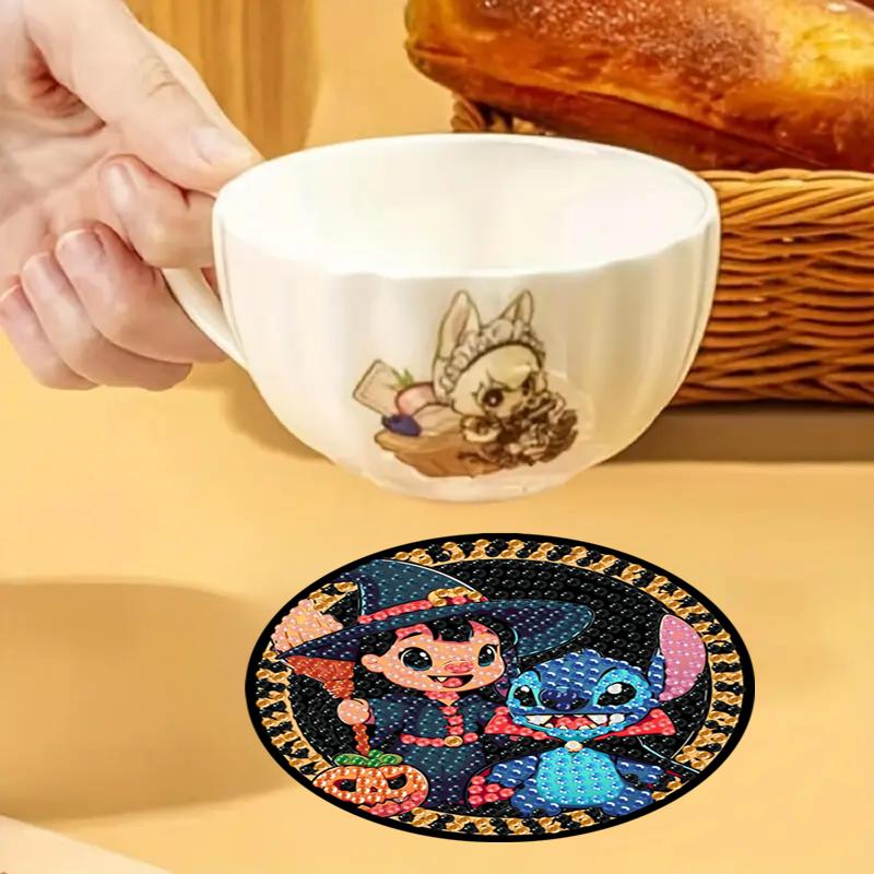 8pcs/Set DIY Lilo & Stitch Diamond Painting Coasters with Holder Anti Slip Wood Coasters Diamond Art Coasters for Adults